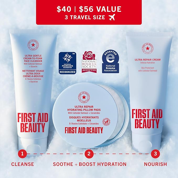 First Aid Beauty Dry Skin Rescue Kit - Hydrating Skincare Routine Set with Face Cleanser, Hydrating Facial Pads & Ultra Repair Cream Face Moisturizer