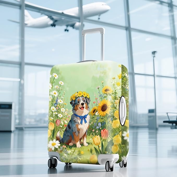 ANNA QUEEN Spring Cute Dog Travel Luggage Cover-Flower Stretchable Airplane Suitcase Protector Sleeve,Universal Washable Fit for 20-22 Inch Checked Baggage,Water Resistant Durable Luggage Protector