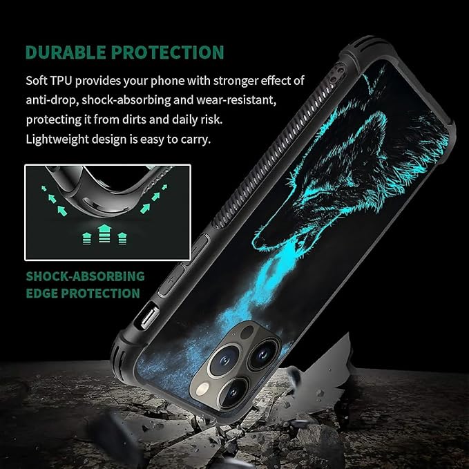for iPhone 12 Pro Max Case, Blue Breathing Wolf Pattern Graphic Design Girl Boy Soft Silicone Hard Acrylic Shock Protection for iPhone 12 Pro Max