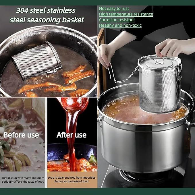 Stainless steel cylindrical seasoning filter, Multi purpose spice filter, Mesh Design Tea Ball Strainer Soup Seasonings Seperation Basket Filter with Chain Hook for Home Restaurant (14 * 14CM/2.154L)