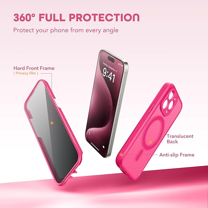 TIESZEN for iPhone 15 Pro Case, Compatible with MagSafe, Built-in Privacy Screen Protector and Camera Protection, Anti Spy Full Body Dustproof Shockproof Hard Phone Case 6.1", Hot Pink