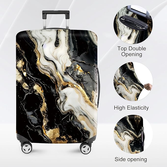 ANNA QUEEN Black White Gold Marble Luggage Cover- Stretchable, Water Resistant & Durable Suitcase Protector, Universal Washable Fit for 24-26 Inch Checked Baggage