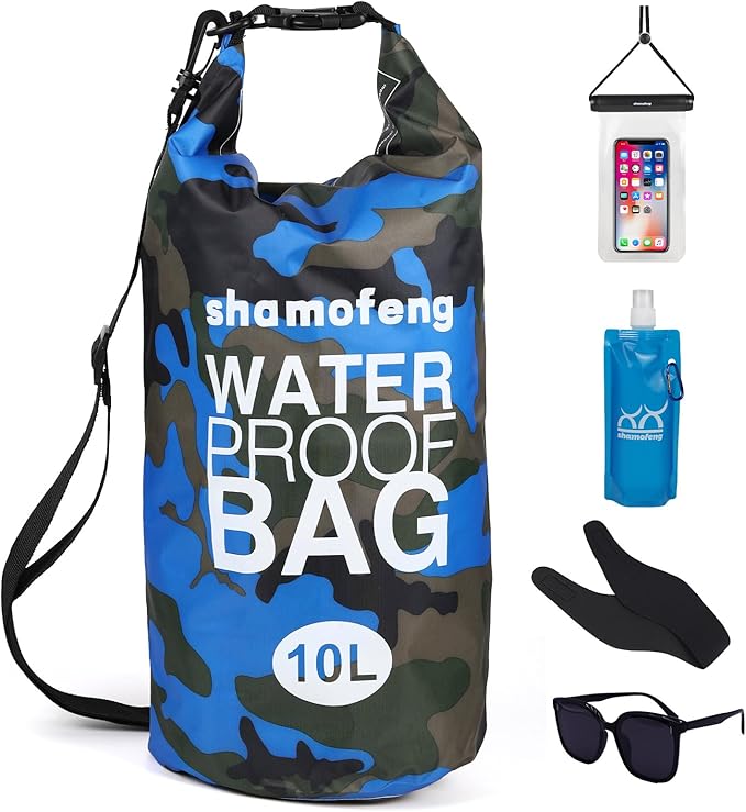 Waterproof Dry Bag 5L/10L/15L/20L/30L Roll Top Dry Storage Backpack with Phone Case, Collapsible Water Bottle, Sunglasses, Ear Band for Kayaking Boating Swimming Fishing Camping, Blue 5L
