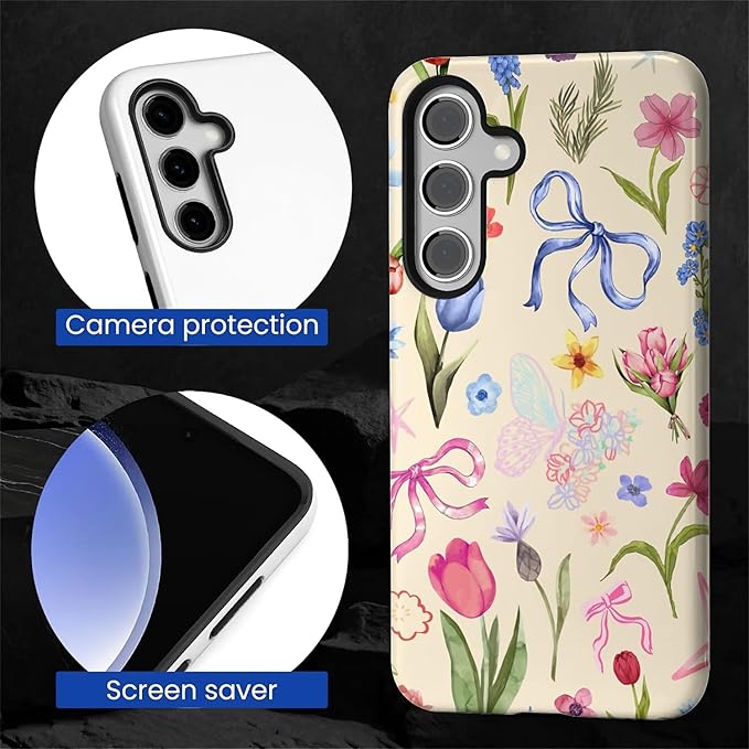 for Samsung Galaxy S24 Plus Case,HL2 Aesthetic Flower Preppy Collage Hybrid 2 Layer Hard Shell Silicone Protective Pattern Design Case