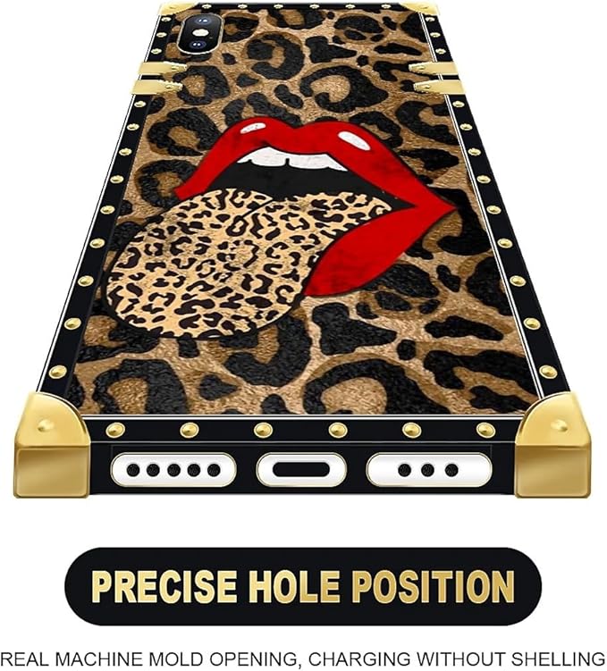 Compatible with iPhone XR Case, Brown Leopard Print Mouth Luxury Golden Decoration for Girl Women Soft TPU Shockproof Protective Hard PC Back for iPhone XR