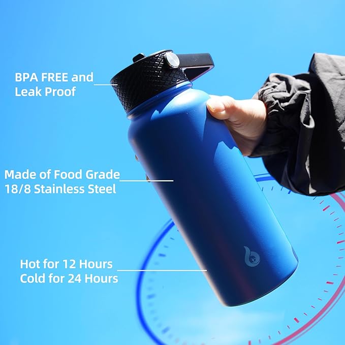 BJPKPK Insulated Water Bottles with Straw Lid, 40oz Stainless Steel Water Bottles with 3 Lids, BPA Free Leakproof Thermo, Tumblers, Cups for Sports, Gym- Midnight