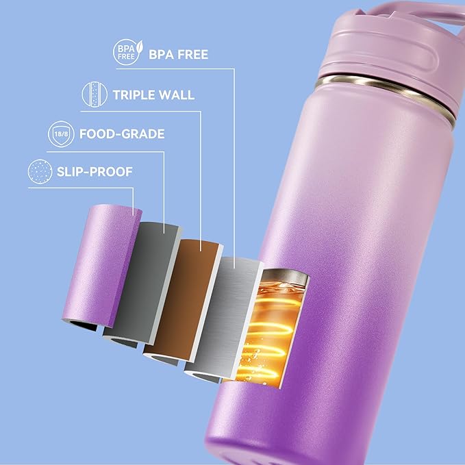 Fijinhom 18oz Insulated Stainless Steel Water Bottle with Straws, Double Wall Vacuum Insulated Bottles, Metal Thermo for Travel, Sports, Leak-Proof, BPA Free, Women & Men, Purple Gradient