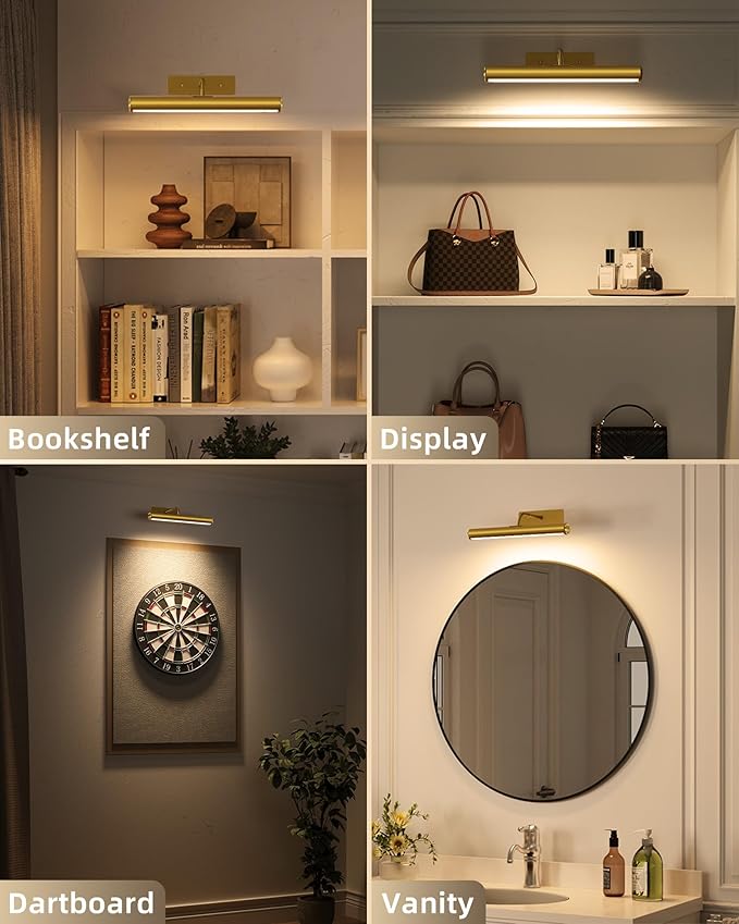 EZVALO Picture Light for Wall, ⁠13-Inch Wireless Rechargeable 4000mAh LED Art Light with Remote, Dimmable 3 Color Temps, Battery Operated Wall Light for Living Room, Bedroom, Gallery (Gold, 2 Pack)