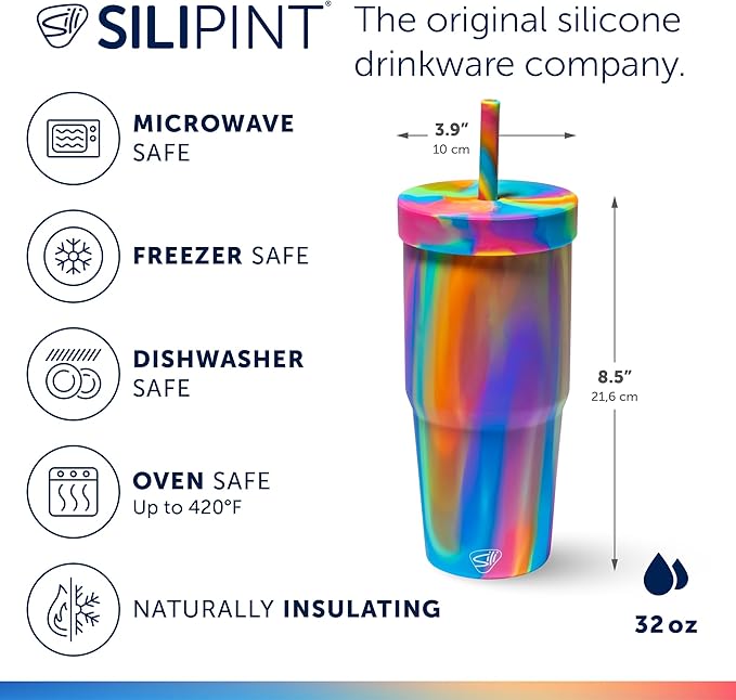 Silipint: 32oz Silicone Straw Tumbler, Unbreakable, Non-Toxic, Dishwasher Safe - Hippie Hops Pack of 1