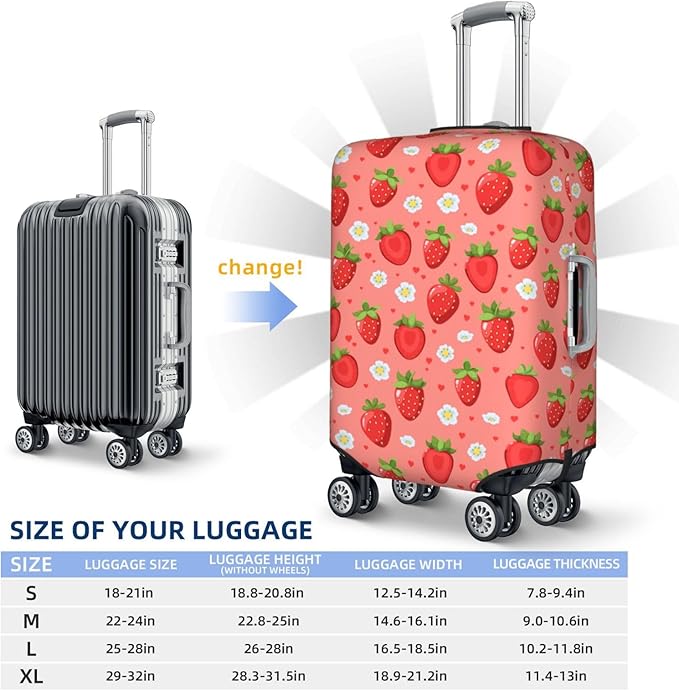 Cute Strawberry and Floral Print Elastic Luggage Cover, Suitcase Protector For Travel (Fits 22-24 Inch Luggage)