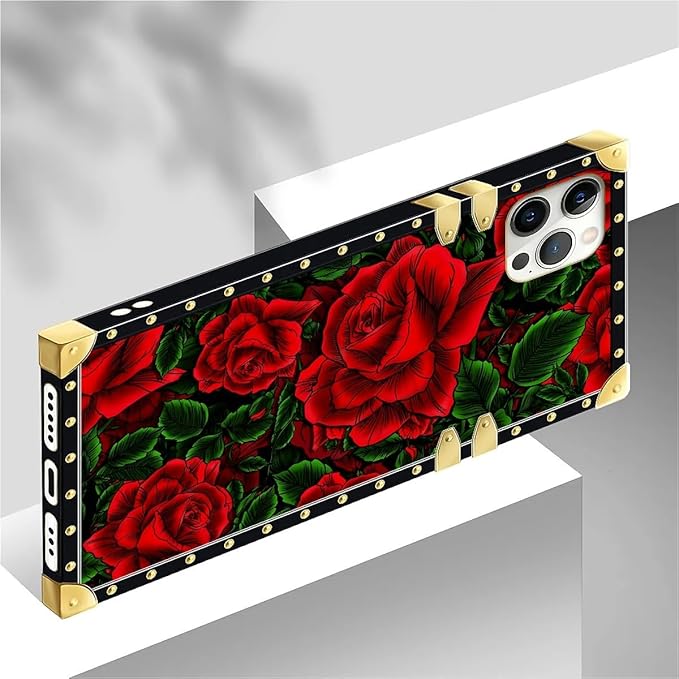 Compatible with iPhone 12 12 Pro Case, Vector Red Rose Green Leaf Luxury Golden Decoration for Girl Women Soft TPU Shockproof Protective Hard PC Back for iPhone 12 12 Pro