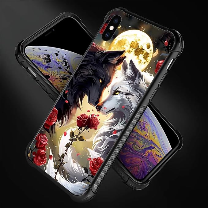 for iPhone Xs Max Case, Black White Wolf Moon Flower Rose Pattern Graphic Design Girl Boy Soft Silicone Hard Acrylic Shock Protection for iPhone Xs Max