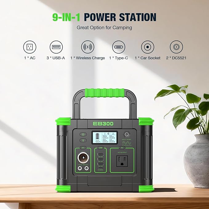 300W Portable Power Station with 100W Foldable Solar Panel, 288Wh Solar Generator AC Outlet, MC-4 Solar Battery Charger, 60W USB-C PD Fast Charging for Outdoor Camping, Home Emergency, RV Travel, Van