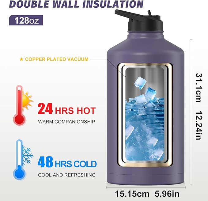 1 Gallon Water Bottle Insulated(Cold for 48 Hrs),BPA Free&Leak Proof,128oz Stainless Steel Water Jug,Large Water Bottle with Straw Spout Lids for Gym,Hiking,Camping&Travel,Purple