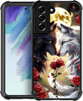 for Samsung Galaxy S21 Case, Black White Wolf Moon Flower Rose Pattern Graphic Design Girl Boy Soft Silicone Hard Acrylic Shock Protection for Samsung Galaxy S21