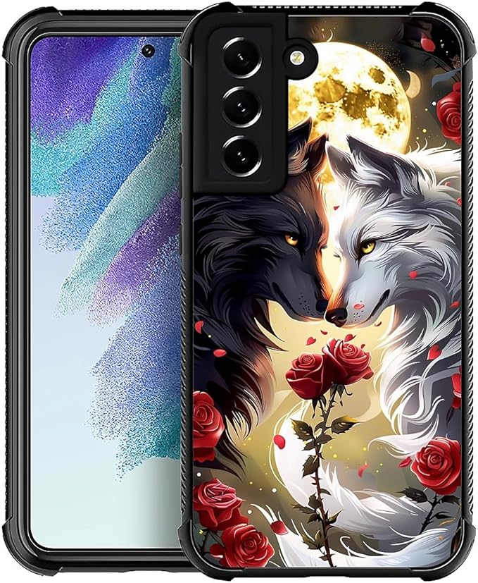 for Samsung Galaxy S21 Case, Black White Wolf Moon Flower Rose Pattern Graphic Design Girl Boy Soft Silicone Hard Acrylic Shock Protection for Samsung Galaxy S21