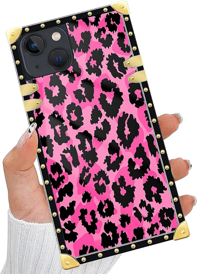 Compatible with iPhone 15 Case, Pink Black Leopard Luxury Golden Decoration for Girl Women Soft TPU Shockproof Protective Hard PC Back for iPhone 15