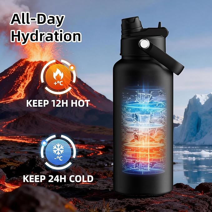32oz Insulated Water Bottle with 2-in-1 Straw and Spout Lid, 304 Stainless Steel Water Bottle Keep Cold for 24H,Leak-Proof,Sports Water Bottle with Braided Carry Strap for Gym,Travel, Black