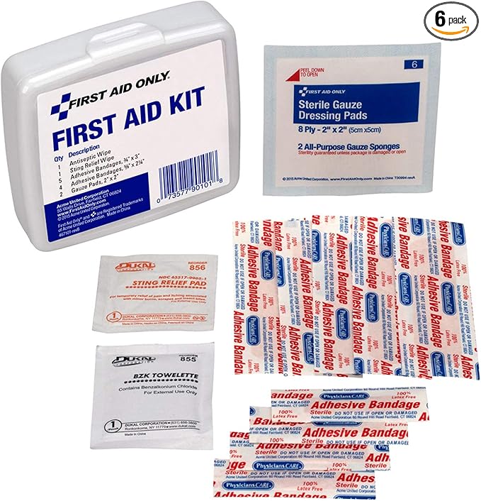 First Aid Only PhysiciansCare On-The-Go Emergency First Aid Kit for Home, Work, and Travel, 13 Pieces (Antiseptic Wipes, Sting Relief Wipes, Gauze Pads, Bandages) (Pack of 6)