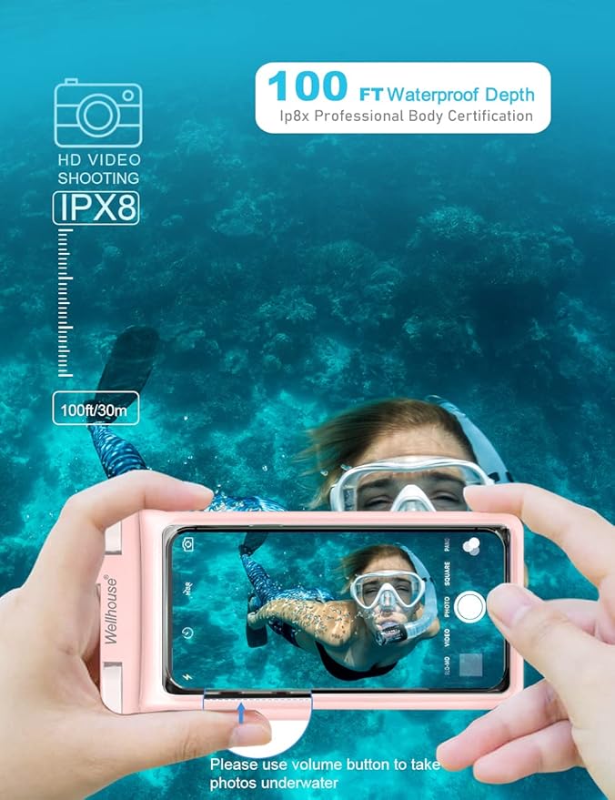 wellhouse Waterproof Phone Pouch, Waterproof Phone Case for iPhone17 16 15 14 13 Pro Max XS Samsung, IPX8 3D Cellphone Dry Bag Beach Essentials (2 Pack -Pink & White7.0, 7 inch)