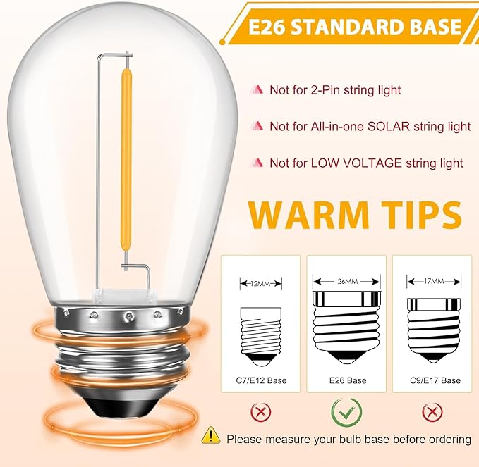 GvvooHome 64 Pack S14 LED Bulbs for Outdoor String Lights, Shatterproof Replacement Edison Bulbs for Patio String Lights Outdoor Waterproof, Warm White 2200K, Dimmable, E26 Standard Base