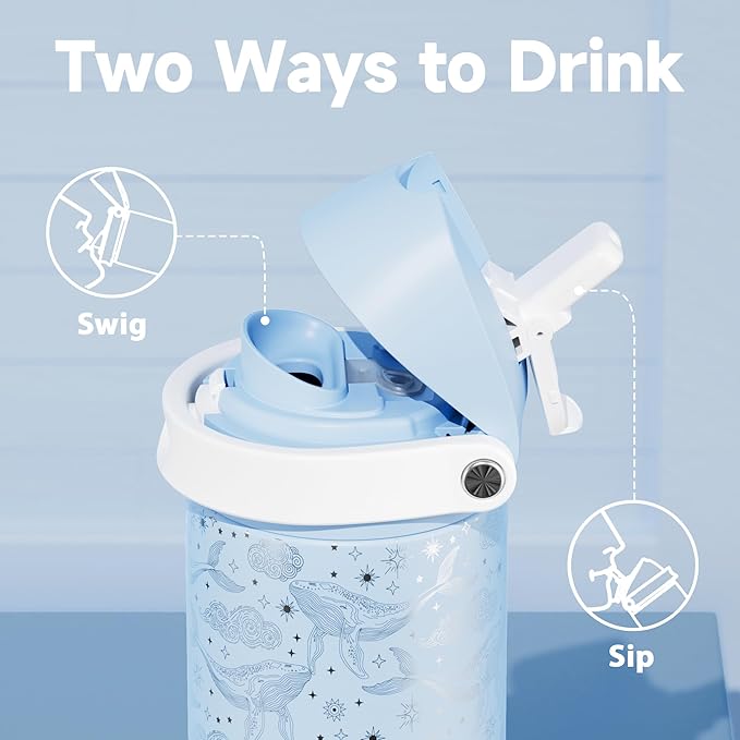 24 oz Insulated Water Bottle with Straw: Meoky Stainless Steel Metal Water Bottle with 2-in-1 Lid - Leak Proof, Cold for 24 Hours, Fits in Car Cup Holder, BPA-Free for Gym Travel Sports, Blue Whale