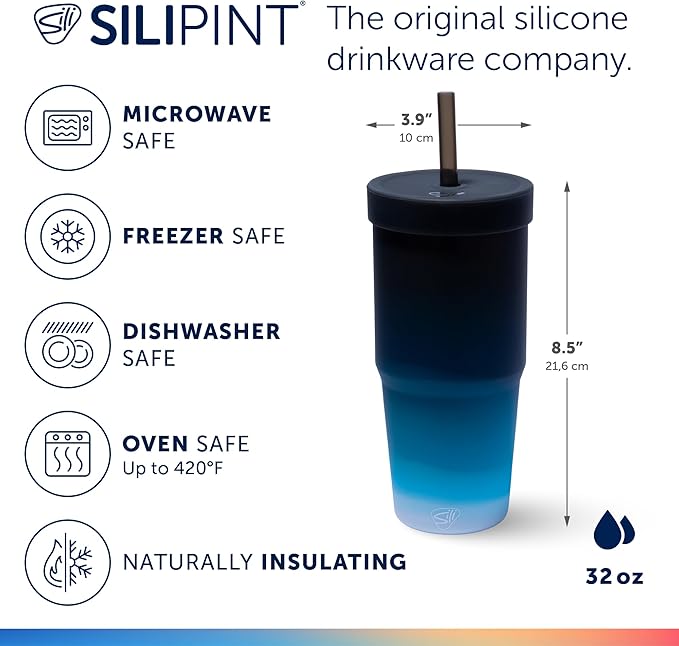 Silipint: 32oz Silicone Straw Tumbler, Unbreakable, Non-Toxic, Dishwasher Safe - Pack of 4