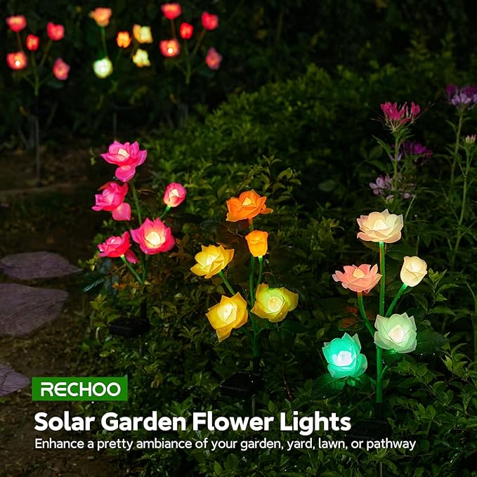Solar Garden Lights, 6 Pack Upgraded Garden Decor LED Lights with 30 Rose Flowers, IP65 Waterproof 7 Color Changing Flowers, Outdoor Solar Lights for Garden Decorations, Gifts for Valentine's Day