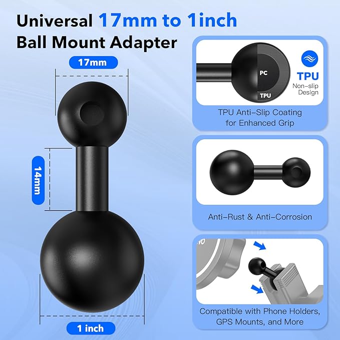 1-Inch (B Size) Ball to 17mm Adapter – TPU Anti-Slip Ball Head Converter, Compatible with Garmin GPS and 17mm Phone Holders, Fits 1" B Size Ball Bases from RAM Mounts