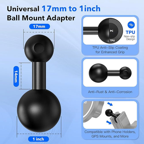 1-Inch (B Size) Ball to 17mm Adapter – TPU Anti-Slip Ball Head Converter, Compatible with Garmin GPS and 17mm Phone Holders, Fits 1" B Size Ball Bases from RAM Mounts
