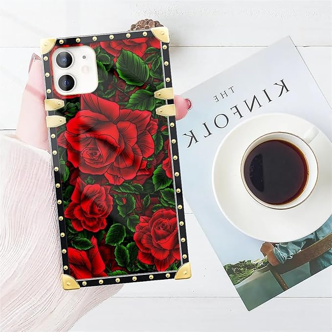 Compatible with iPhone 11 Case, Vector Red Rose Green Leaf Luxury Golden Decoration for Girl Women Soft TPU Shockproof Protective Hard PC Back for iPhone 11