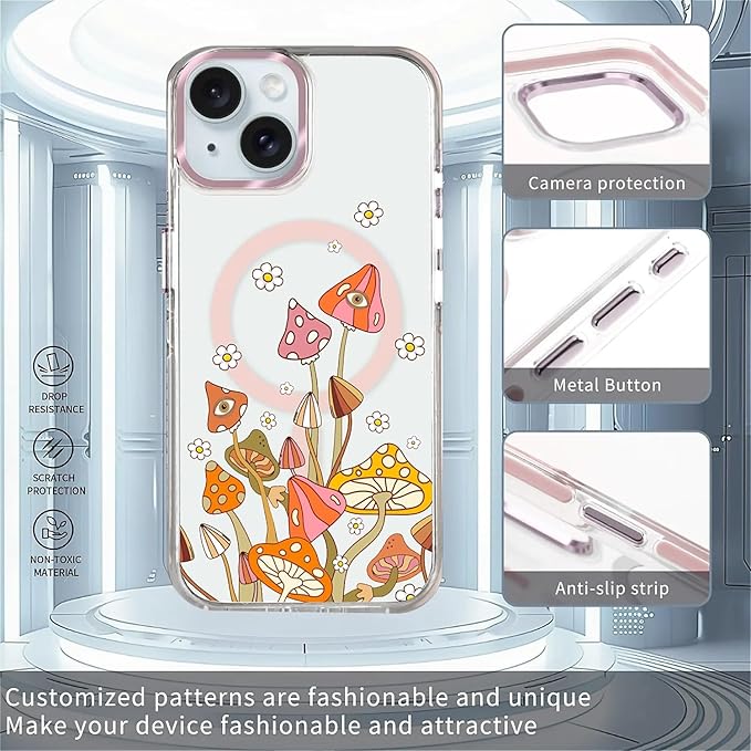 Case for iPhone 15,[Compatible with MagSafe],Retro Mushroom Sunflower Phone Case Design，for Women Girls Magnetic Clear Cover - Slim, Sleek, & Shockproof Protection
