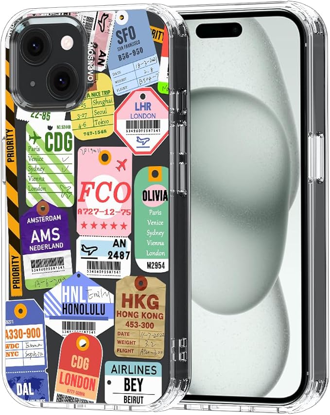 MOSNOVO Case for iPhone 15, [Buffertech 6.6ft Military-Grade Drop Protection] [Anti Peel Off Tech] Clear TPU Bumper Phone Case Cover Design - Air Ticket Labels