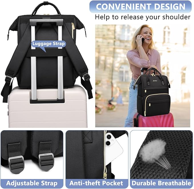 FOCDOD Women Laptop Backpack Work Bag - Fits 15.6 inch with Laptop Compartment Waterproof Professional Fashion Travel Purse for College Nurse Business Computer Backpack