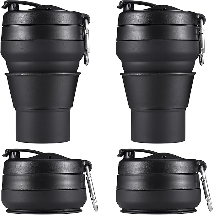 2PACK Collapsible Coffee Cup, 16 OZ 480ml Silicone Folding Camping Mug, Leak Proof BPA Free Portable Sport Bottle with Lids for hiking, Microwave & Dishwasher Safe (Black)