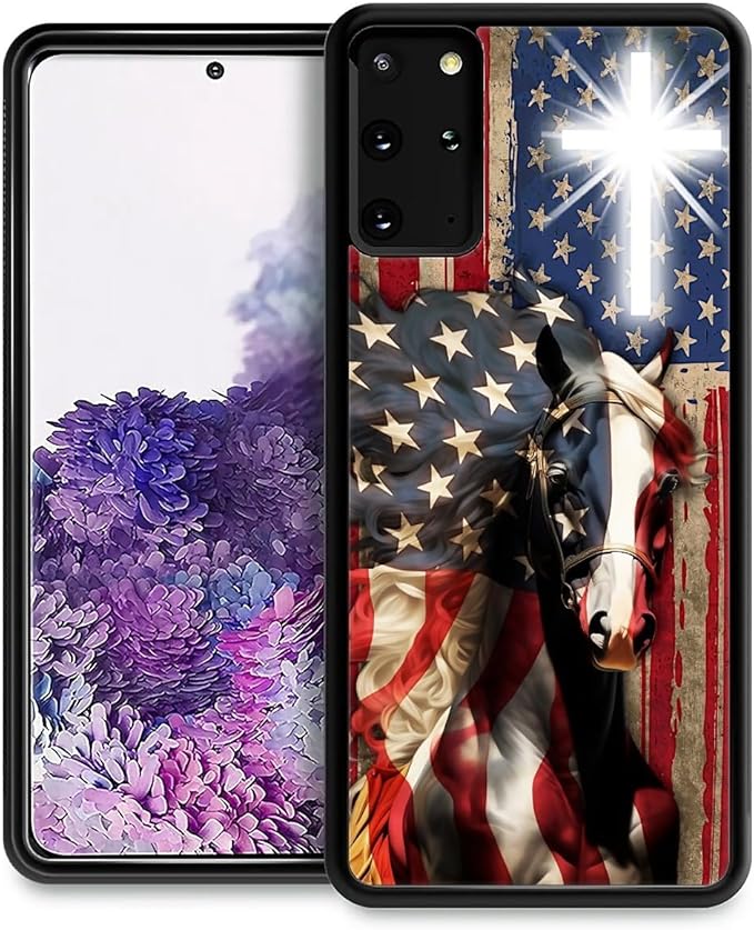for Samsung Galaxy S20 Plus Case, Red American Flag Horse Cross Pattern Graphic Design Girl Boy Soft Silicone Hard Acrylic Shock Protection for Samsung Galaxy S20 Plus