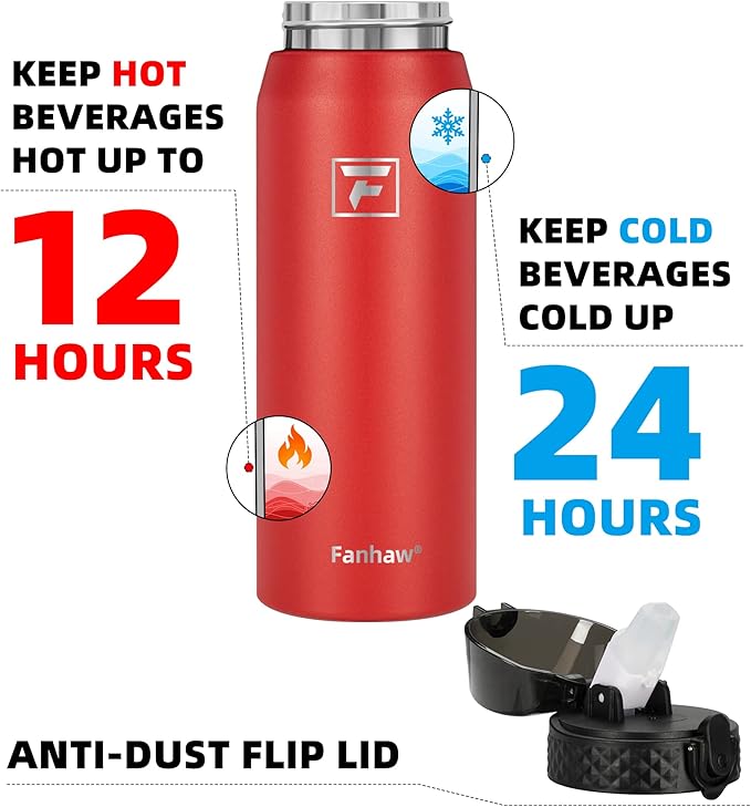 Fanhaw 24 oz Insulated Stainless Steel Water Bottle with Straw Lid, Leakproof & Anti-Dust Sports Bottle for Kids, Women & Men (Red)