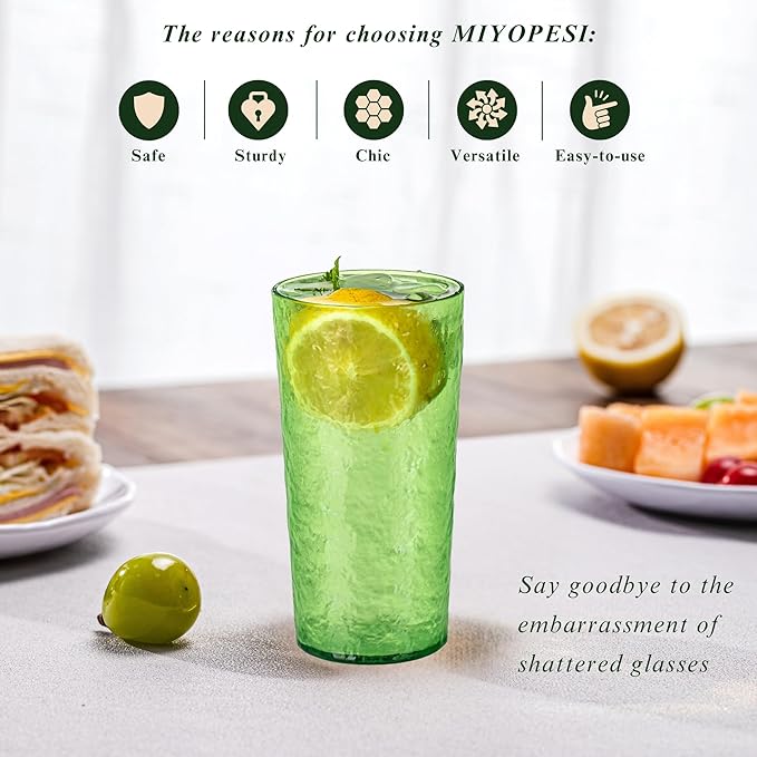 18oz Acrylic Glasses Drinkware (Set of 8), Ice-carved Design Unbreakable Plastic Cups, Reusable Plastic Drinking Glasses, Stackable, BPA-Free, Dishwasher-Safe (Green)