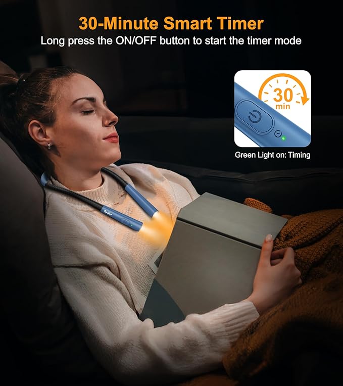 Gritin Book Light, Eye Caring 4-Color & 5-Brightness Neck Light Reading Light- Stepless Dimming,30-min Timer,80+ Hrs Runtime,Bendable Round Neck Design, Lightweight for Reading-Porcelain Blue