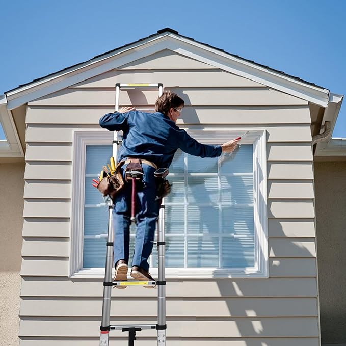 BOCOM 8.5 FT Aluminum Telescoping Ladder, Lightweight Multi-Purpose Collapsible Extension with 2 Triangle Stabilizers, Heavy Duty 330 lbs Max Capacity, Ideal for Home, RV, and Outdoor Work Silver