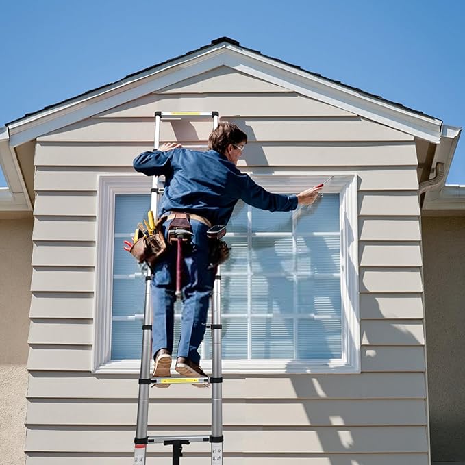 BOCOM 12.5 FT Aluminum Telescoping Ladder, Lightweight Multi-Purpose Collapsible Extension with 2 Triangle Stabilizers, Heavy Duty 330 lbs Max Capacity, Ideal for Home, RV, and Outdoor Work Silver