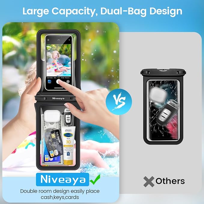 Niveaya Double Space Waterproof Phone Pouch (2-Pack) - IPX8 Phone Case Dry Bag for Beach, Kayak, Cruise Travel Essentials - Compatible with iPhone 17/16/15/14 Pro Max Galaxy S25/S24 Ultra (up to 8.3")