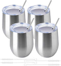 12oz/4 Pack Wine Tumbler Glasses with Lid Stemless Double Wall Vacuum Stainless Steel Travel Tumbler Keeping Cold & Hot for Wine,Coffee,Cocktails,Christmas Drinks-Family and Gifts(4 Pack-Sliver)