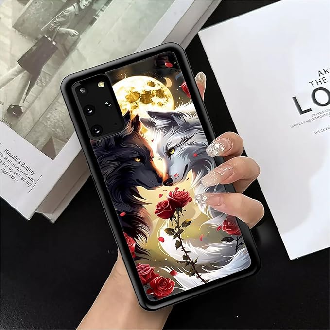for Samsung Galaxy S20 Plus Case, Black White Wolf Moon Flower Rose Pattern Graphic Design Girl Boy Soft Silicone Hard Acrylic Shock Protection for Samsung Galaxy S20 Plus