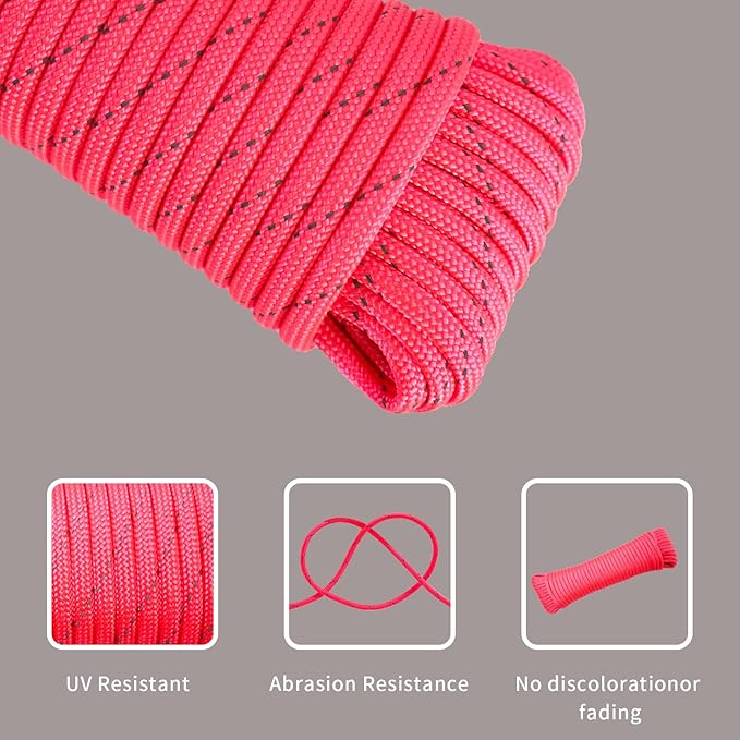 Paracord Rope, Reflective III Parachute Cord 7 Strand Core 550lb, 50ft Pink - High Visibility Abrasion Resistant Easy to Tie, Multi-Purpose Rope for Camping Survival DIY