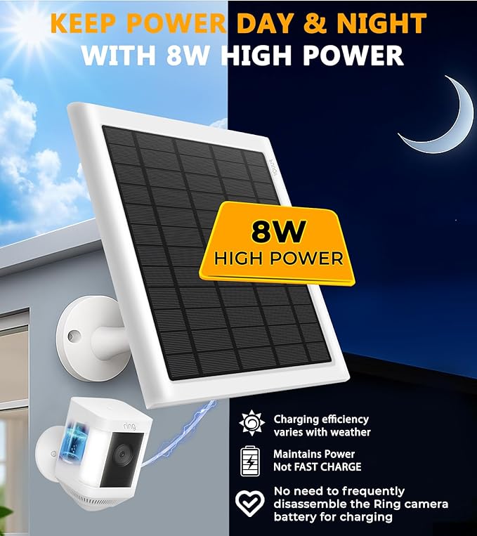 8W Solar Panel for Ring Camera, Solar Panel Charger Compatible with Ring Stick Up Cam/Pro Battery, Spotlight Cam/Pro/Plus Battery, Includes Barrel Plug to USB-C Adapter, IP65 Waterproof, 10ft Cable