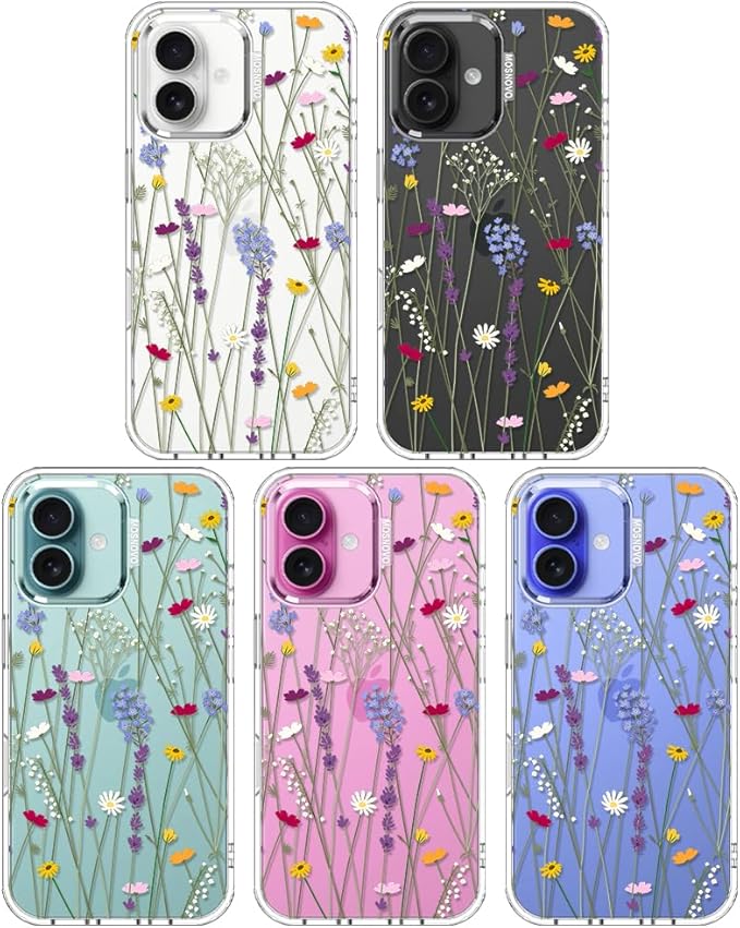MOSNOVO Case for iPhone 16 Plus, [Buffertech 6.6ft Military-Grade Drop Protection] [Anti Peel Off Tech] Clear TPU Bumper Phone Case Cover Design - Floral Garden
