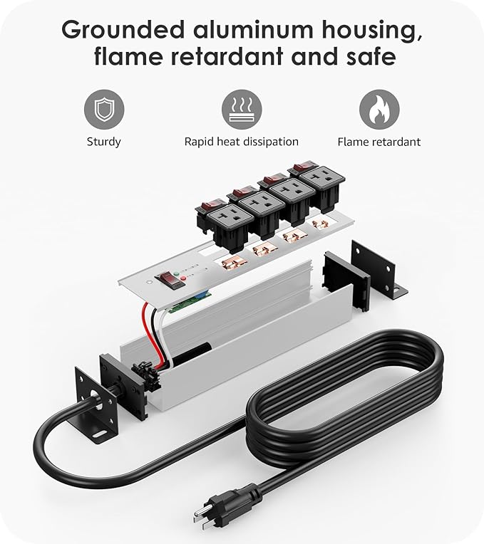 CCCEI Heavy Duty Surge Protector Power Strip 20 Amp Individual Switches. 20FT 12 Gauge Extension Cord with Multiple Outlets. Kitchen, Garage, Shop, Industrial Wall Mount Electric Extender, Grey.