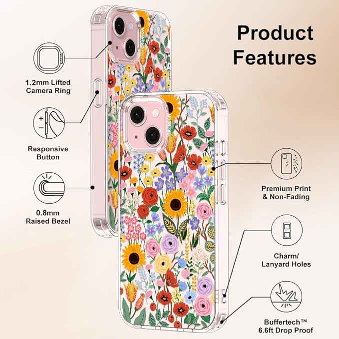 MOSNOVO Case for iPhone 15, [Buffertech 6.6ft Military-Grade Drop Protection] [Anti Peel Off Tech] Clear TPU Bumper Phone Case Cover Design - Blossom & Bloom