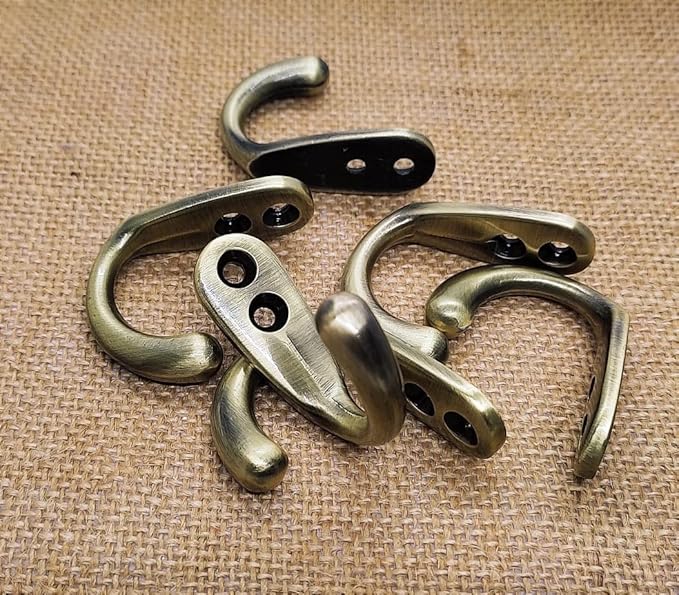 FAPBADRI Multipurpose Hooks, Used to Hang Clothes, Bags, Coats, Curtain Hold Backs, Keys, Antique Gold Colour, Material - White Metal, Screws and Wallplugs Included, Pack of 2 Pieces